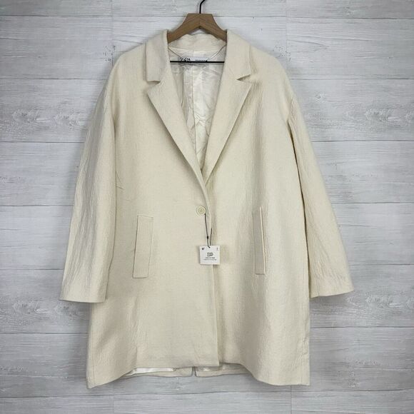 Zara Oversized Textured Wool Blend Coat Women XL Ivory Long Jacket Blazer NEW - Picture 1 of 16